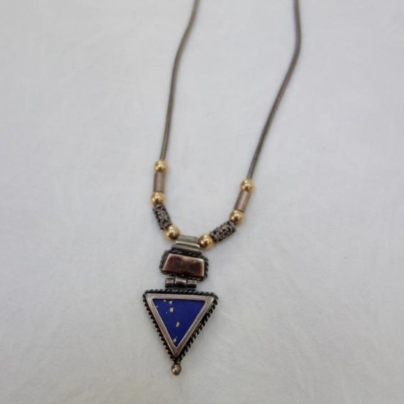 Vintage Jewelry - 70s Silver Lapis Geometric Necklace